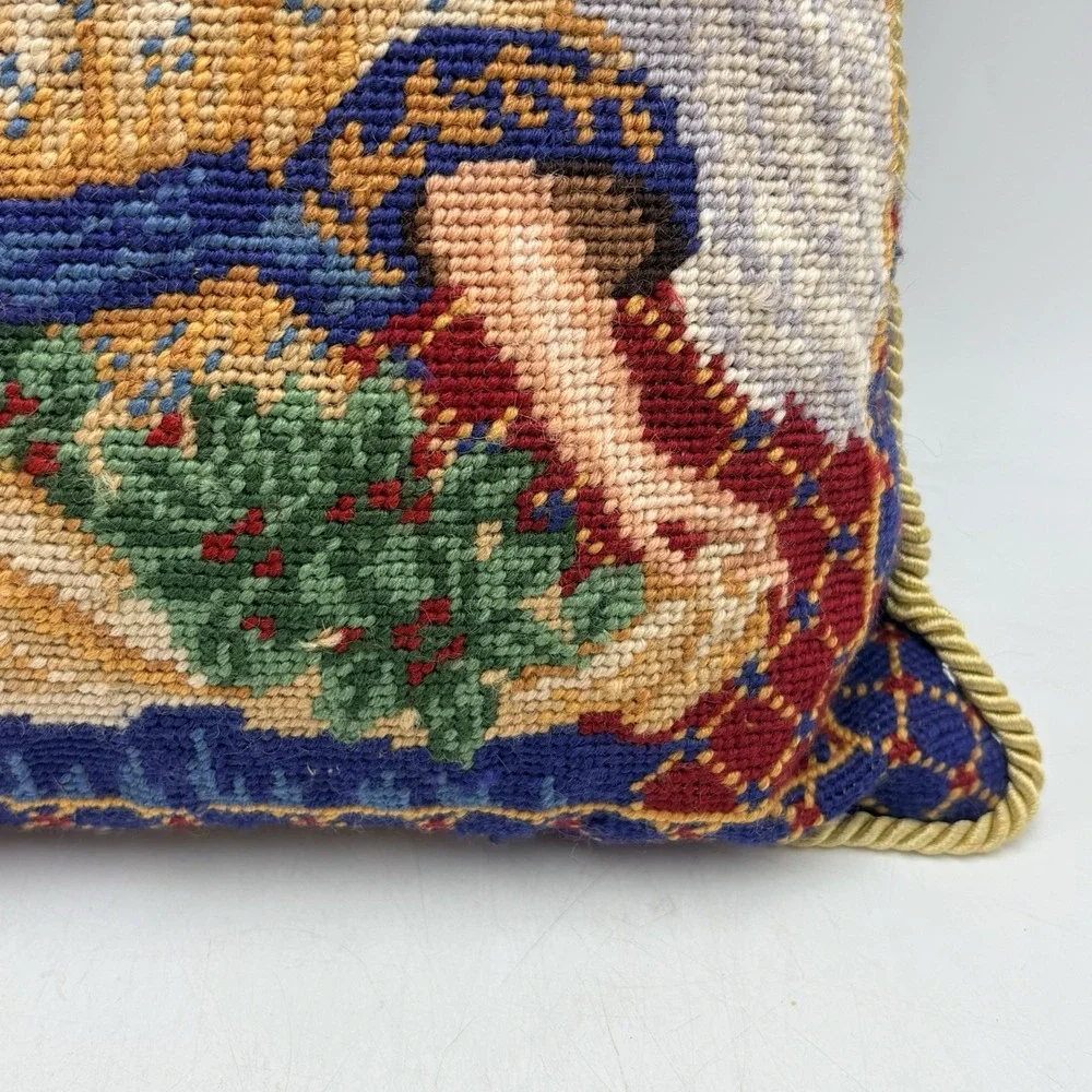 Vintage Handmade Angel Needlepoint Throw Pillow USA Tapestry w Velvet Back 12x12